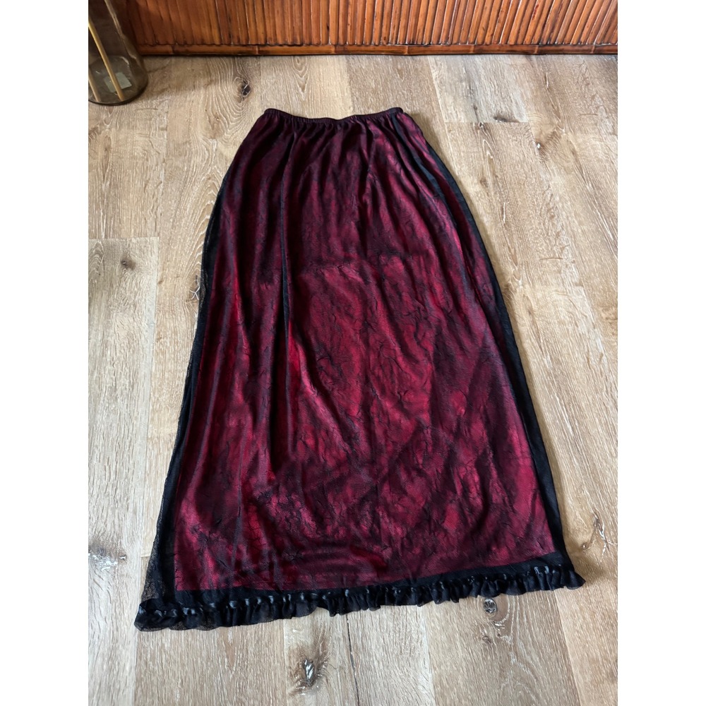 Clio Vintage Red Satin Black Lace Overlay Maxi Skirt Size M